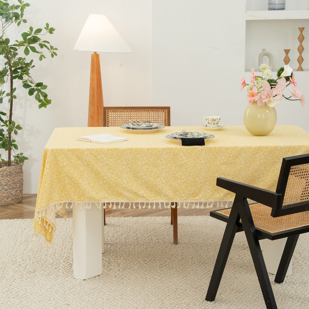 Rectangular tablecloth with floral Millefleurs print and cotton tassels Kalsten