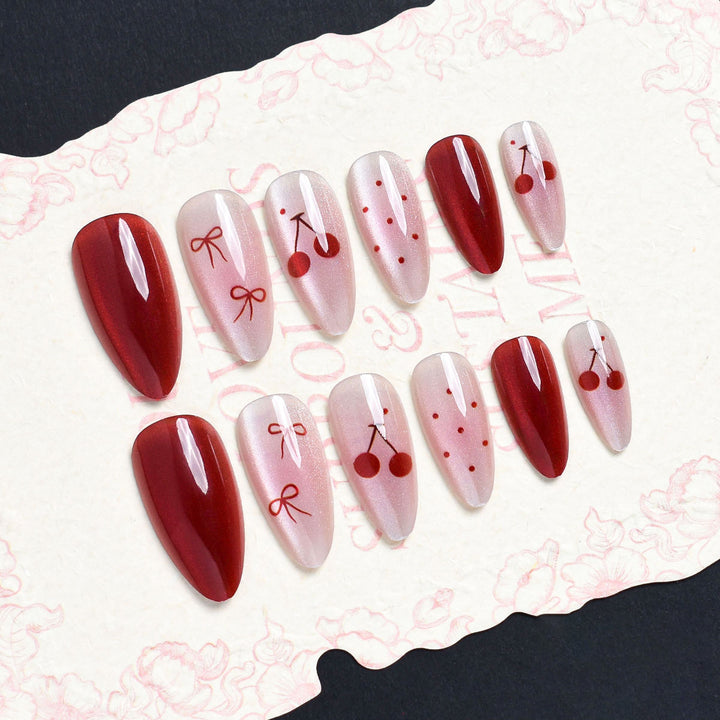 Artistic Press-On Nail Set with Cherry Blossom Design Kalsten