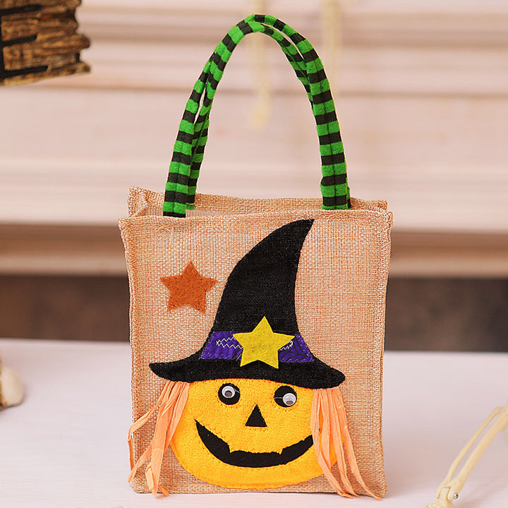 Halloween-Jute bag with stitched black cat and striped carrying handles