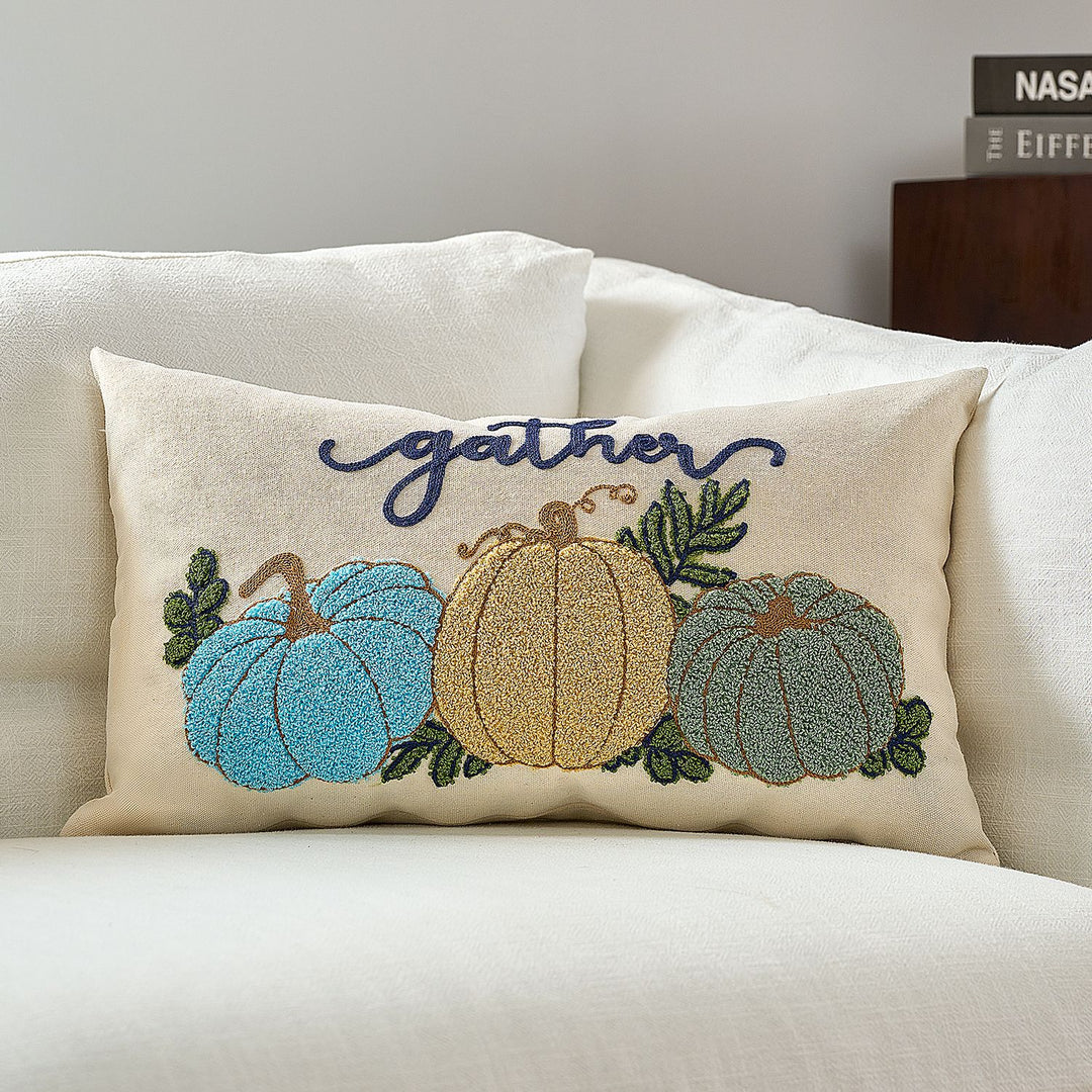 Embroidered Autumn Pumpkin Velvet Accent Pillow Cover
