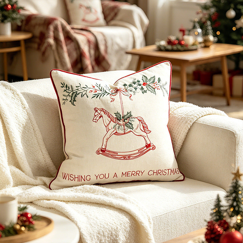 Embroidered Rocking Horse Square Linen Throw Pillow Cover with Festive Garland