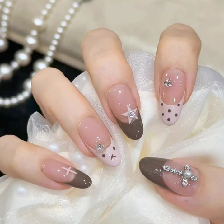Artistic Press-On Nail Set with Bow and Gemstone Detail Kalsten