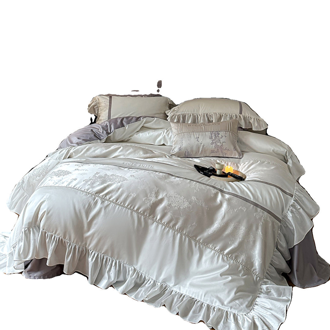 Elegant satin bed set with ruffled trim, fine jacquard and decorative pillow