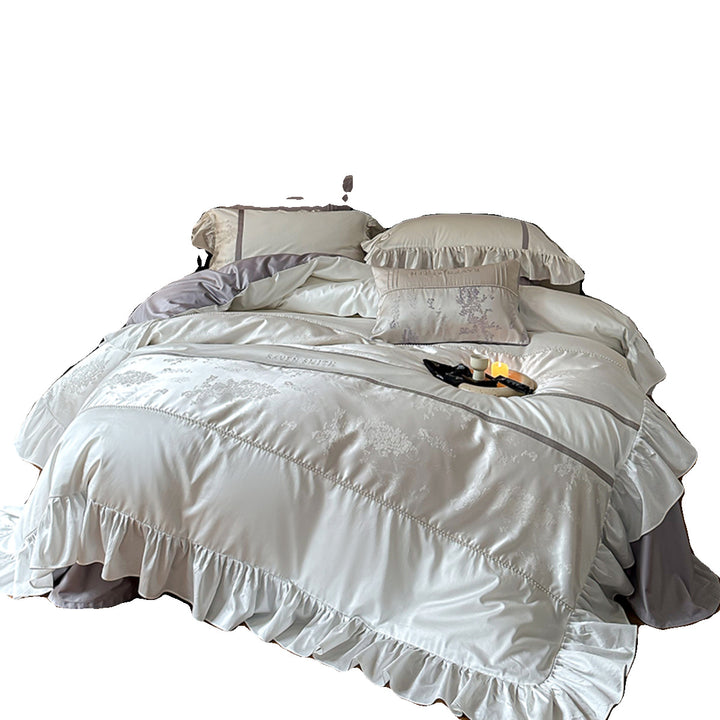 Elegant satin bed set with ruffled trim, fine jacquard and decorative pillow