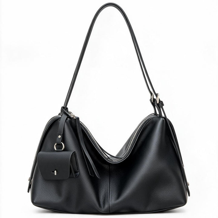 Slouchy Pebbled Hobo Shoulder Bag with Top Zip and Detachable Mini Pouch