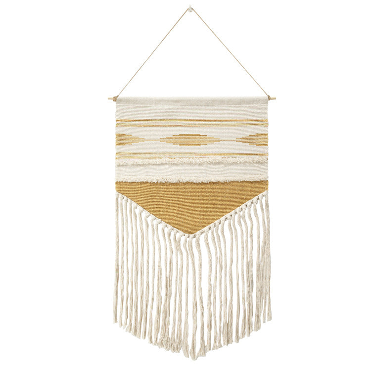 Woven wall hanging in Aztec style with cotton fringes and wooden rod