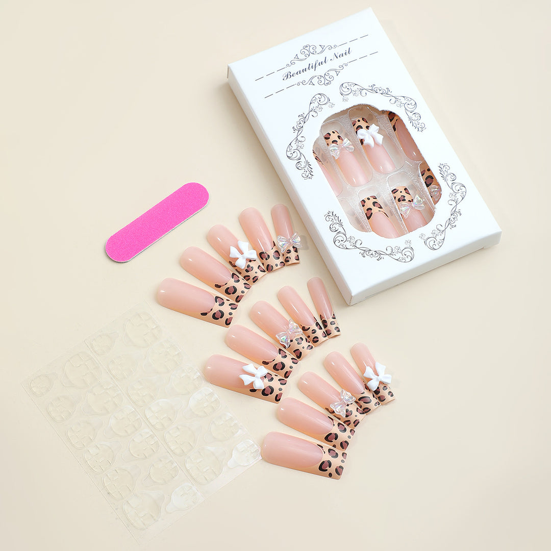 Decorative Press-On Nail Set with Chic Animal Print and Gem Accents kalsten