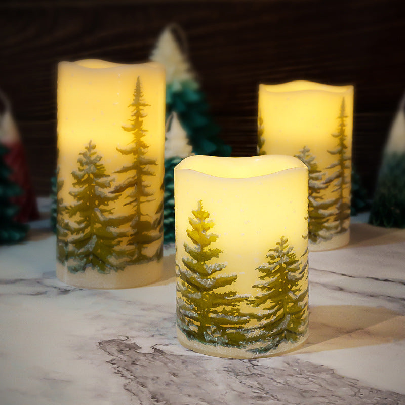 Hand-Painted Pine Forest Textured Pillar Candle for Tabletop Decor