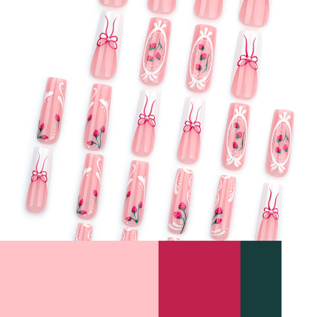 Artful nails with strawberry motifs and bow accents Kalsten