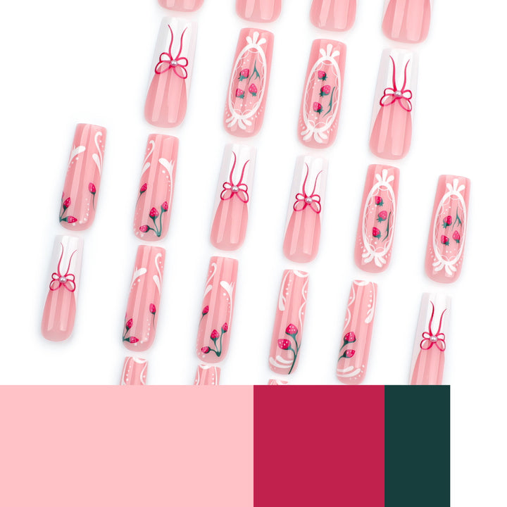 Artful nails with strawberry motifs and bow accents Kalsten