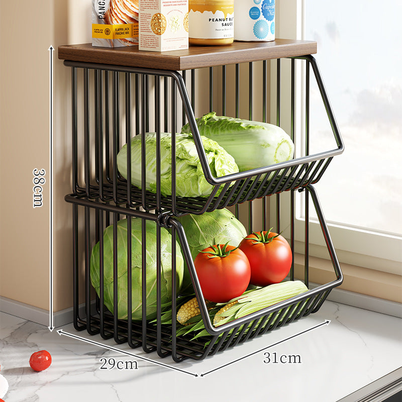 Countertop Wooden-Top Metal Wire Produce Storage Basket with Front-Tilt Access