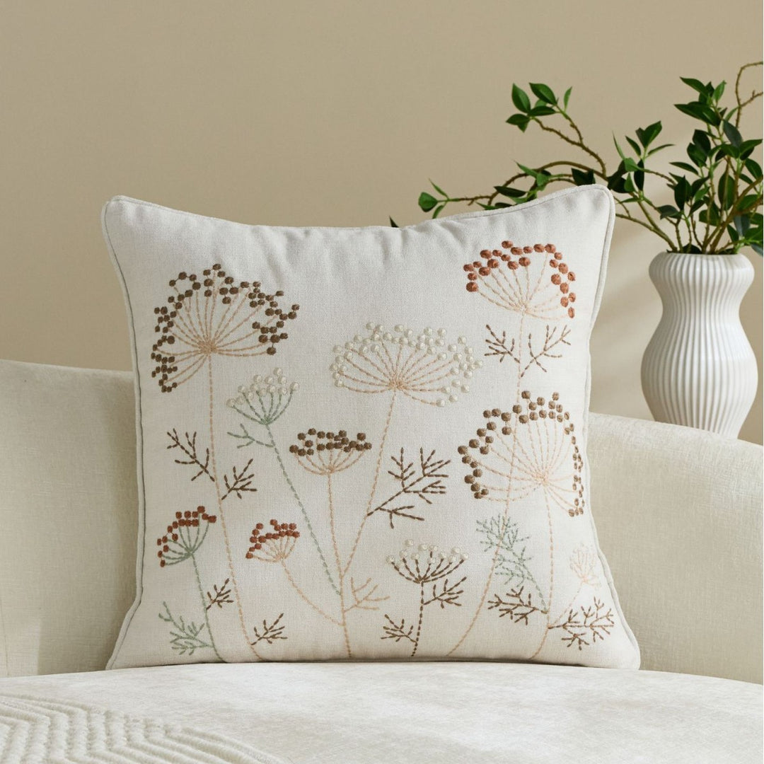 Square Embroidered Botanical Linen-Blend Accent Pillow Cover with Hidden Zipper