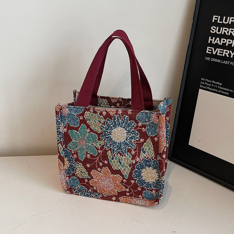 Floral Embroidered Tapestry Tote Bag