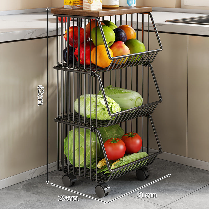 Countertop Wooden Top Metal Wire Fruit and Vegetable Storage Rack