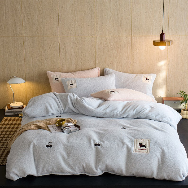 Cozy fleece bedding set with embroidered cherries and appliqués