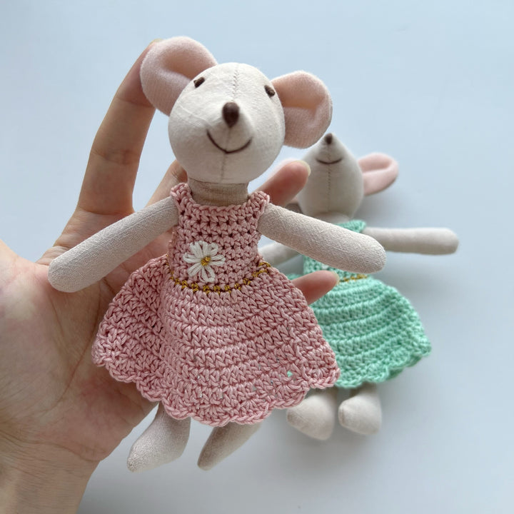 Miniature Hand-Sewn Linen Mouse Soft Toy with Crocheted Dress