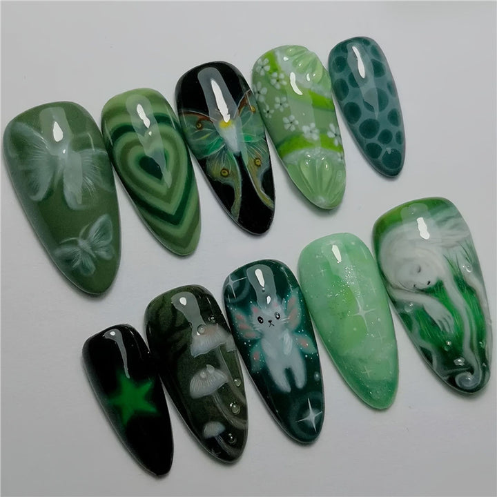 Artistic Green-Themed Acrylic Nail Enhancements Kalsten