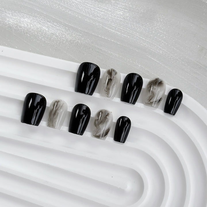 Artistic Gel Press-On Nail Set with Marble and Glossy Finish