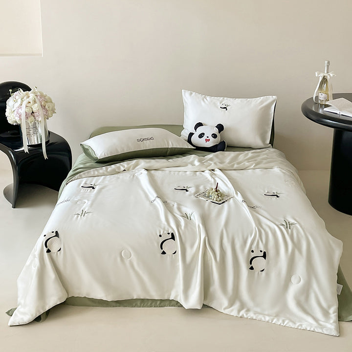 Silky shiny satin bedding set with cute panda embroidery