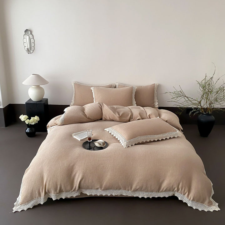 Linen-Cotton Duvet Cover Set with Crochet Lace Edge and Washed Finish
