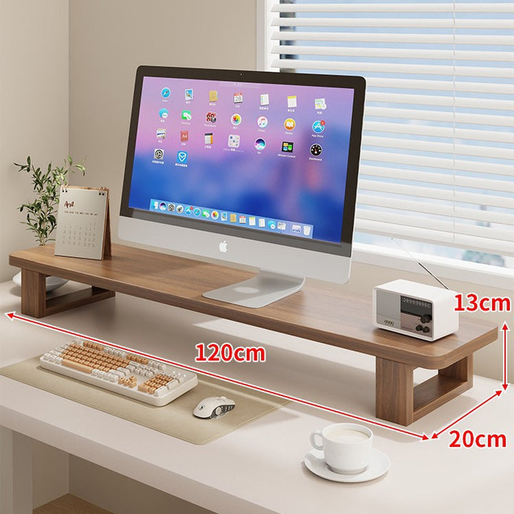 Wide Wooden Monitor Riser Shelf with Under-Shelf Storage and Cable Management
