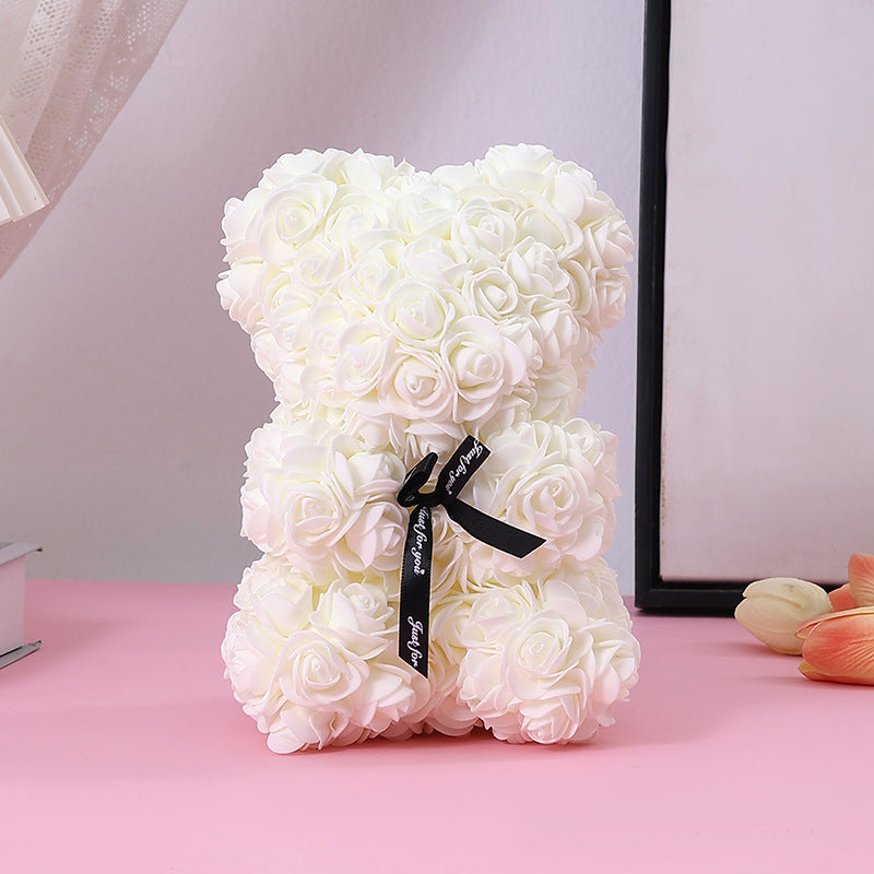 Foam Rose Teddy Bear Gift Sculpture With Satin Ribbon Bow