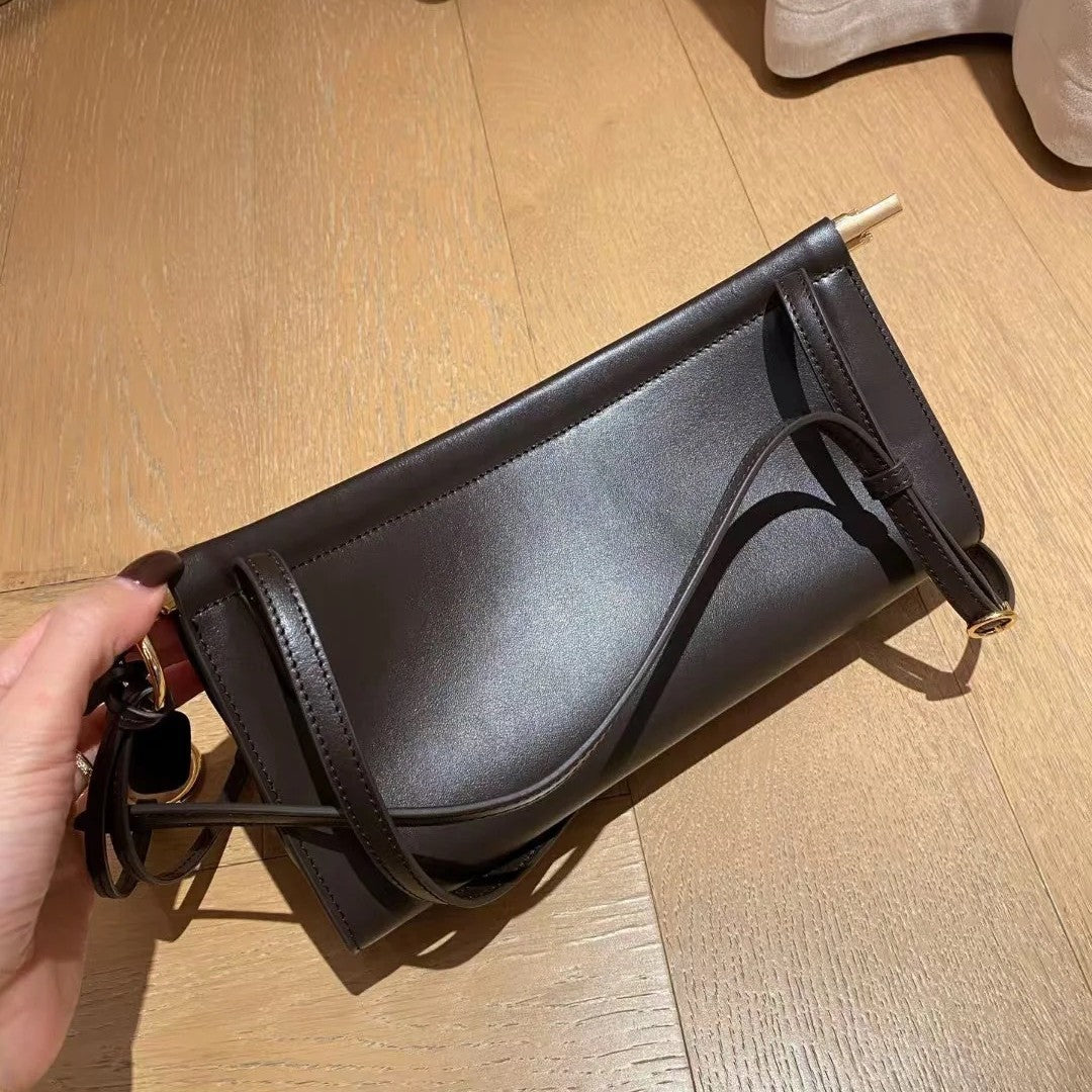 Structured Leather Baguette Shoulder Bag with Gold Hardware