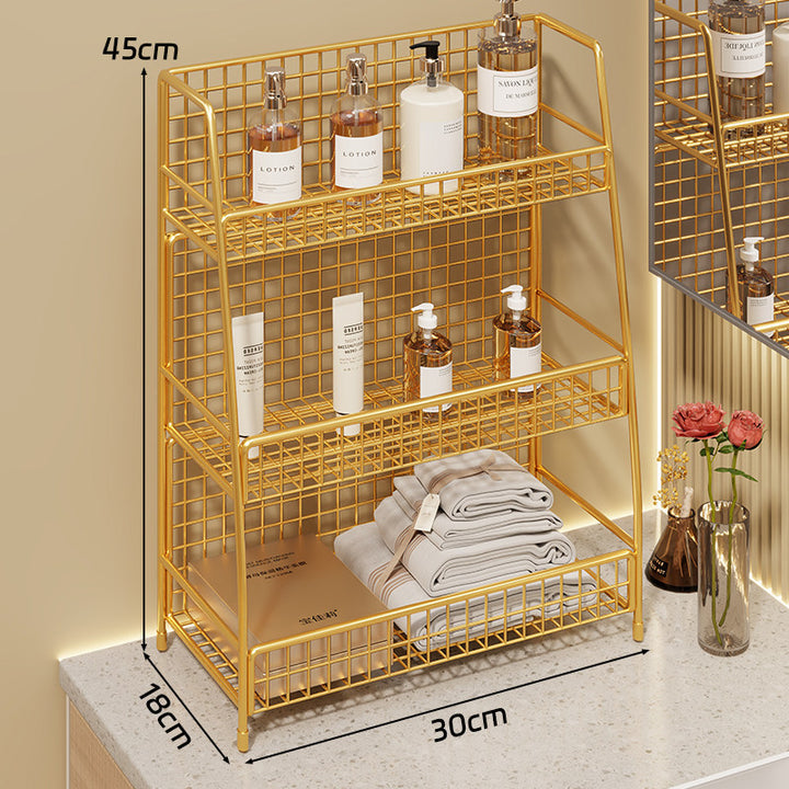 Angled Desktop Mesh Vanity and Countertop Organizer with Three Wire-Tier Baskets and Grid Back