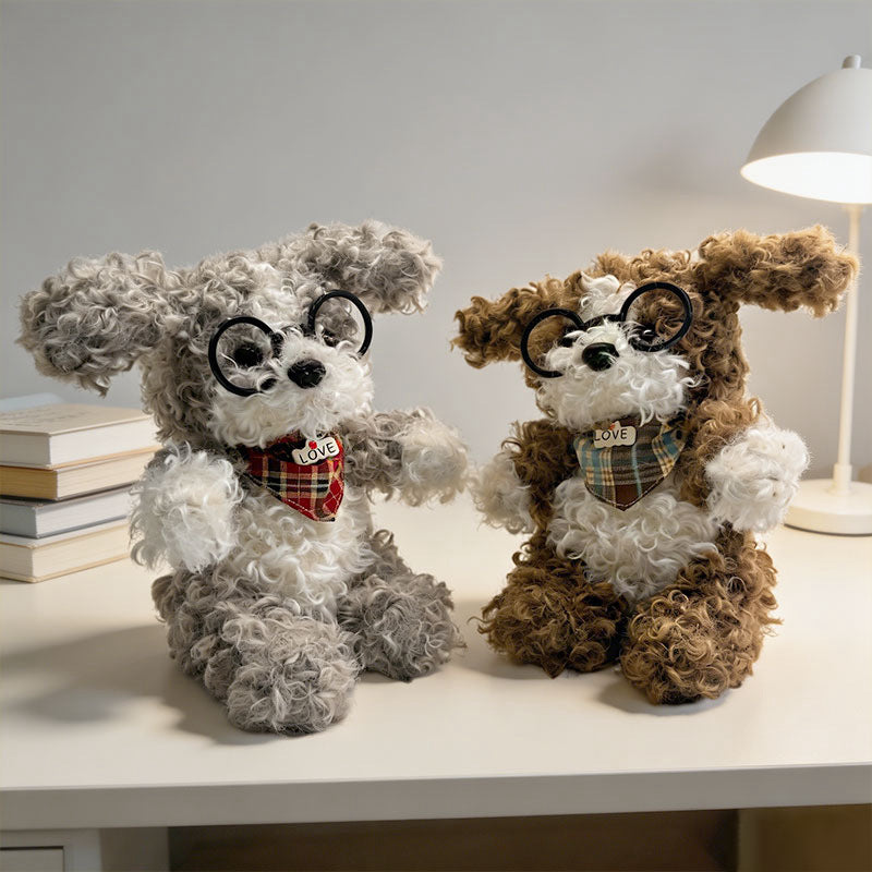 Curly-Fur Sitting Puppy Plush with Round Glasses & Plaid 'LOVE' Bandana Kalsten