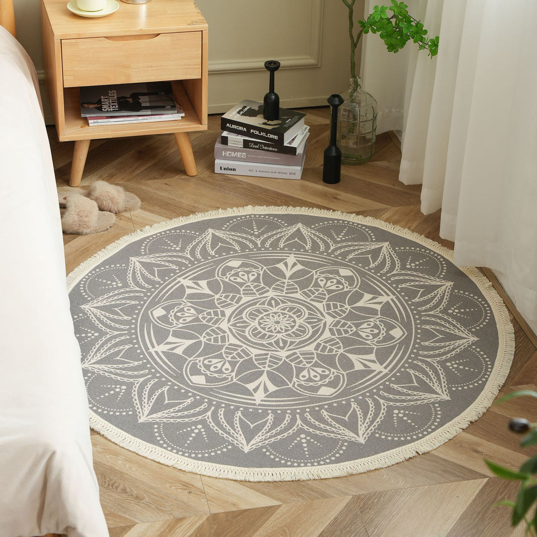 Beef Boho Cotton Rug with Mandala Print and Fringe Edge