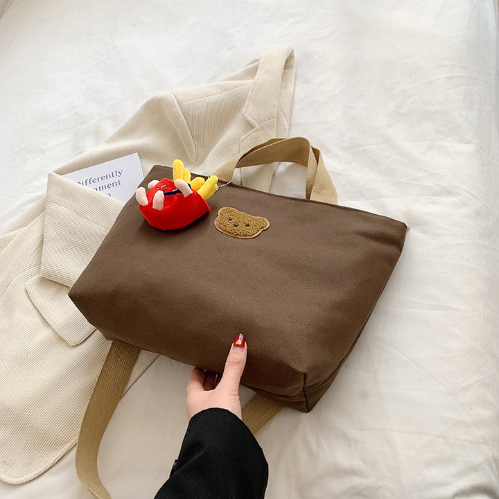 Casual Canvas Tote Bag with Cute Bear Applique