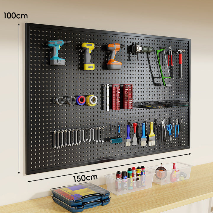 Wall-Mounted Perforated Metal Tool Pegboard Organizer Panel with Modular Hooks and Wire Baskets