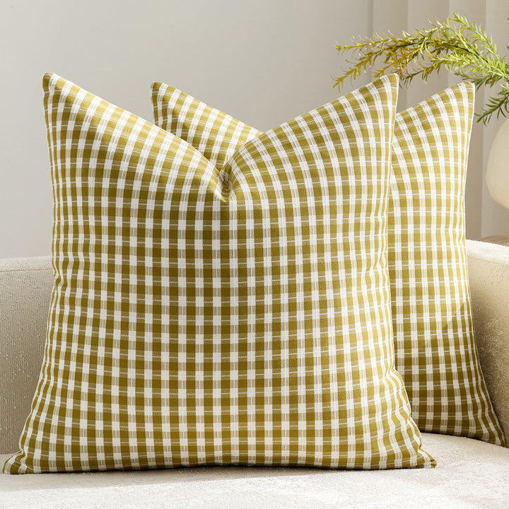 Gingham Cotton-Linen Square Throw Pillow Covers with Hidden Zipper Pair