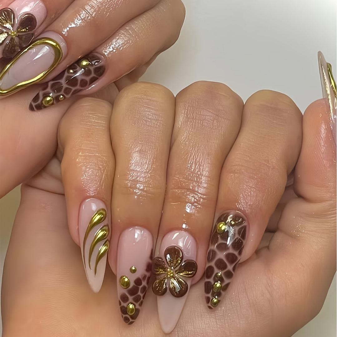 Artistic Press-On Nail Set with 3D Floral Accents Kalsten