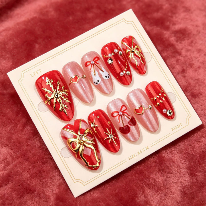 Artistic Press-On Nail Set with Heart and Floral Design Kalsten