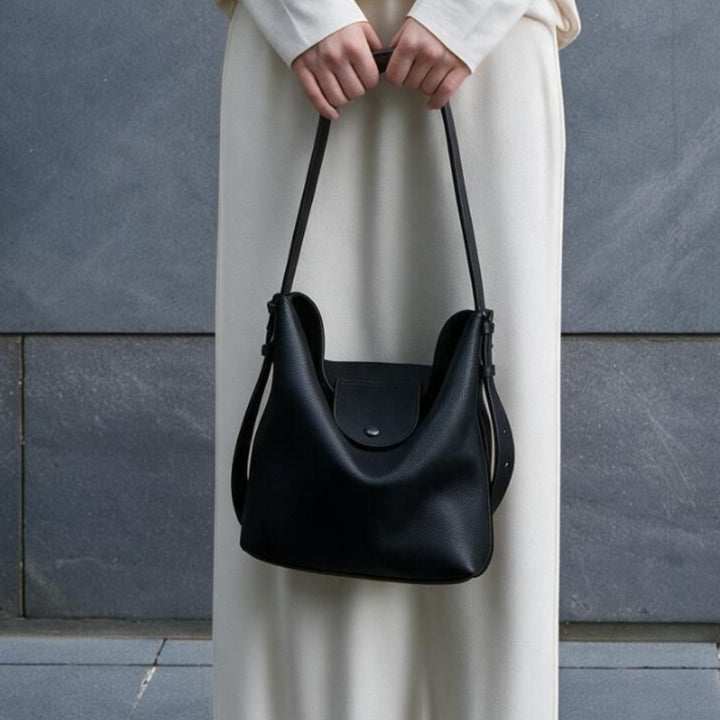 Pebbled Leather Slouchy Hobo Bucket Bag with Adjustable Strap