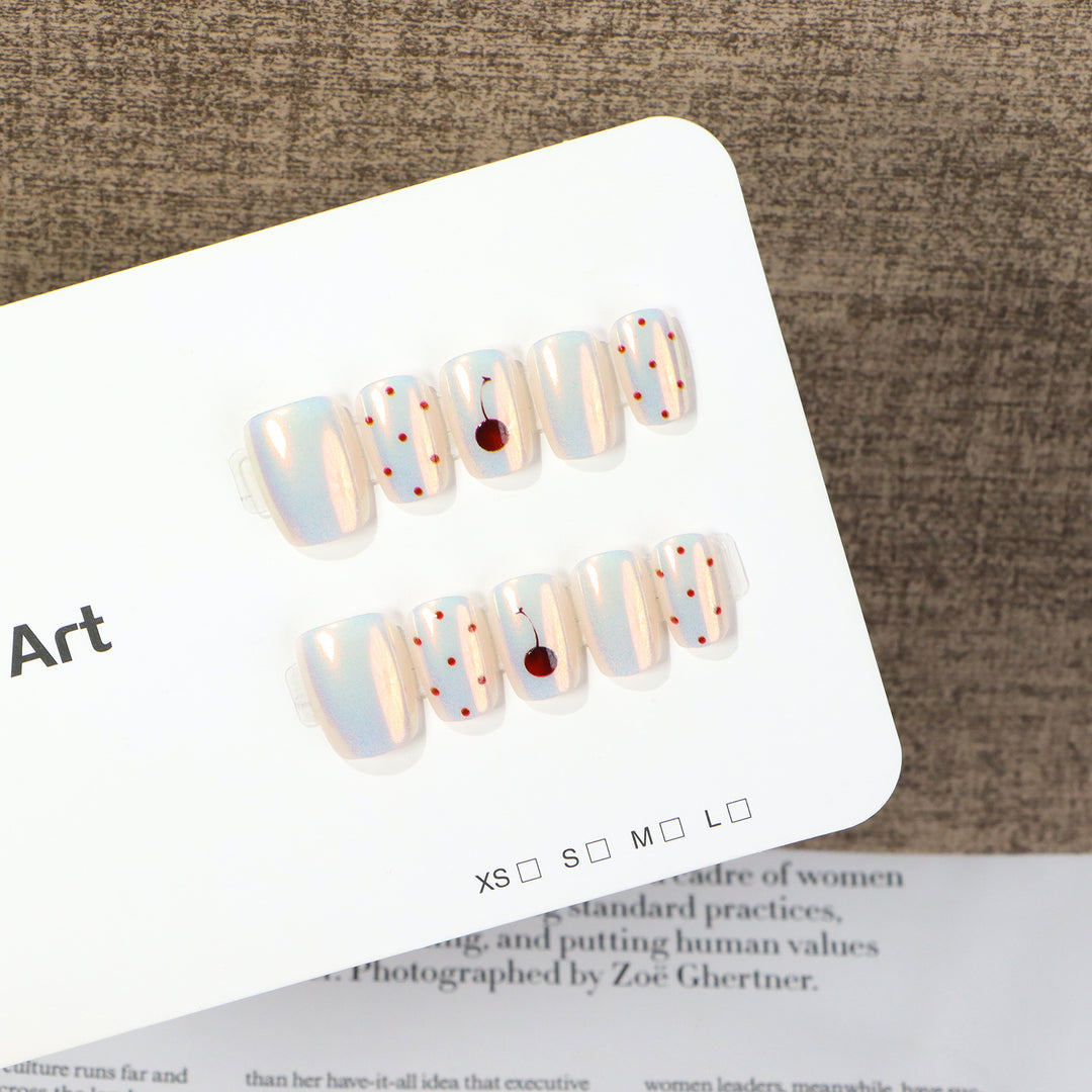 Artistic Press-On Nail Art Set with Cherry and Polka Dot Design Kalsten