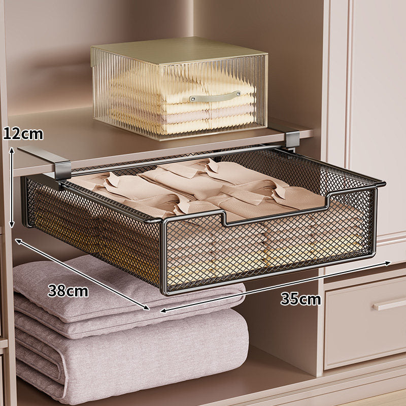 Under-Shelf Sliding Mesh Drawer Organizer with Clip-On Mount and Ventilated Metal Basket