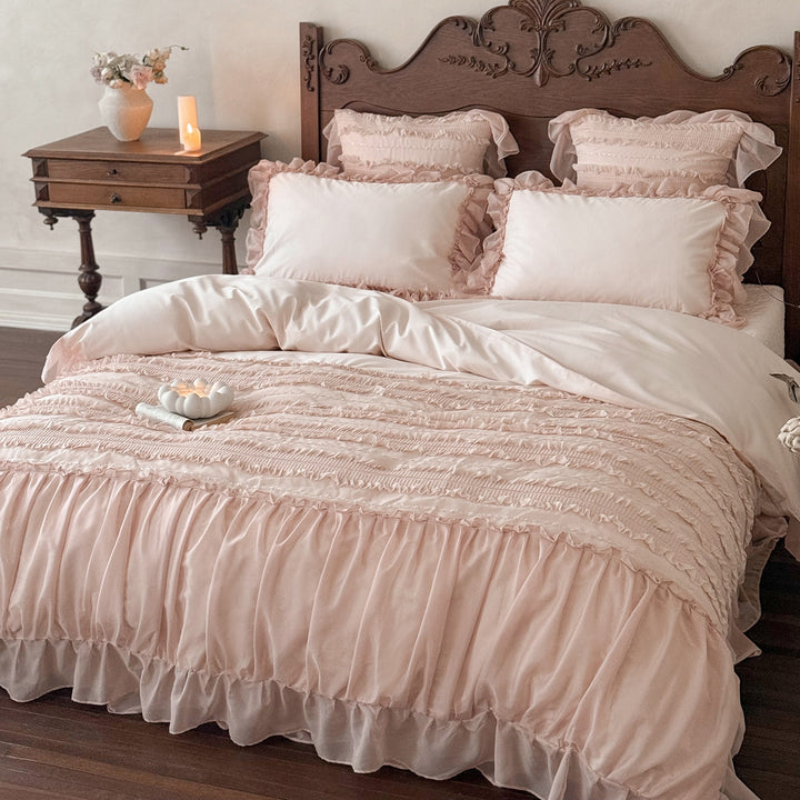 Romantic bedding complete set with ruffled bedspread, ruffle bed skirt, and decorative pillow