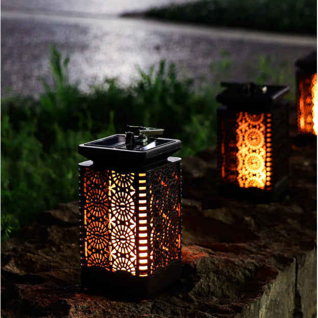 Decorative Solar-Powered Metal Lantern With Filigree Cutout And Flickering LED Flame Effect Kalsten