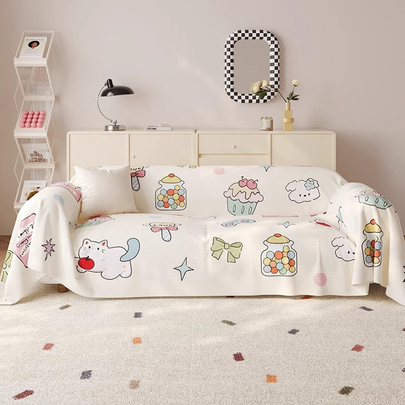 Decorative Cotton-Linen Kawaii Candy and Cat Print Sofa Slipcover