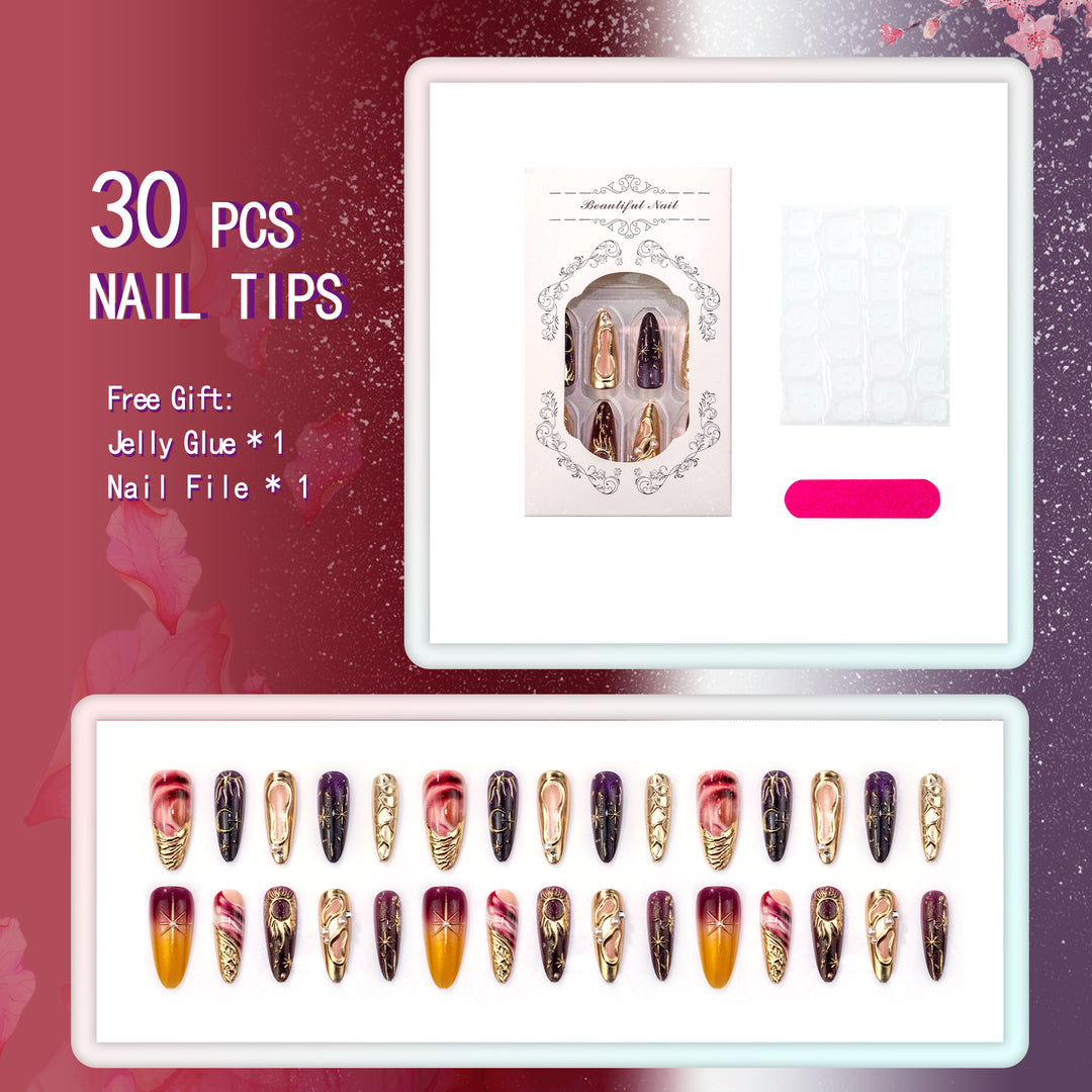 Artistic Press-On Nail Set with Metallic Accents