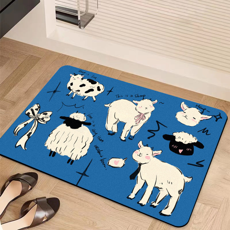 Reversible Plush Absorbent Bathroom Mat with Cartoon Sheep Illustration