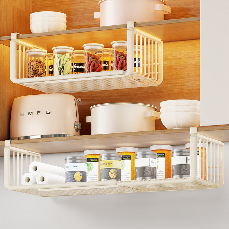 Under-Shelf Sliding Hanging Kitchen Storage Basket Organizer with Ventilated Metal Base and Rail Mount