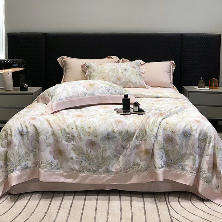 Luxurious cotton satin bedding set with floral watercolor print and fine satin trim