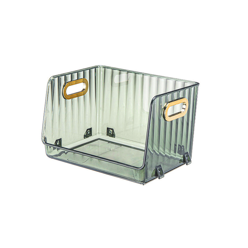 Transparent storage box with front opening, ribbed structure and integrated grip openings