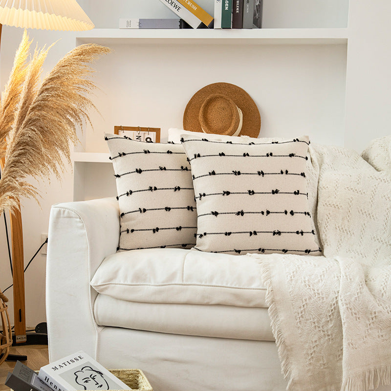 Decorative Square Cotton-Look Tufted Pillow Cover with Vertical Knot Trim and Concealed Zipper