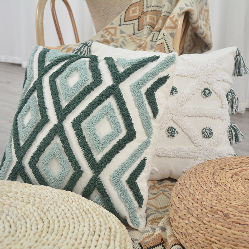 Decorative Textured Cotton Throw Pillow with Tassels and Tufted Geometric Pattern