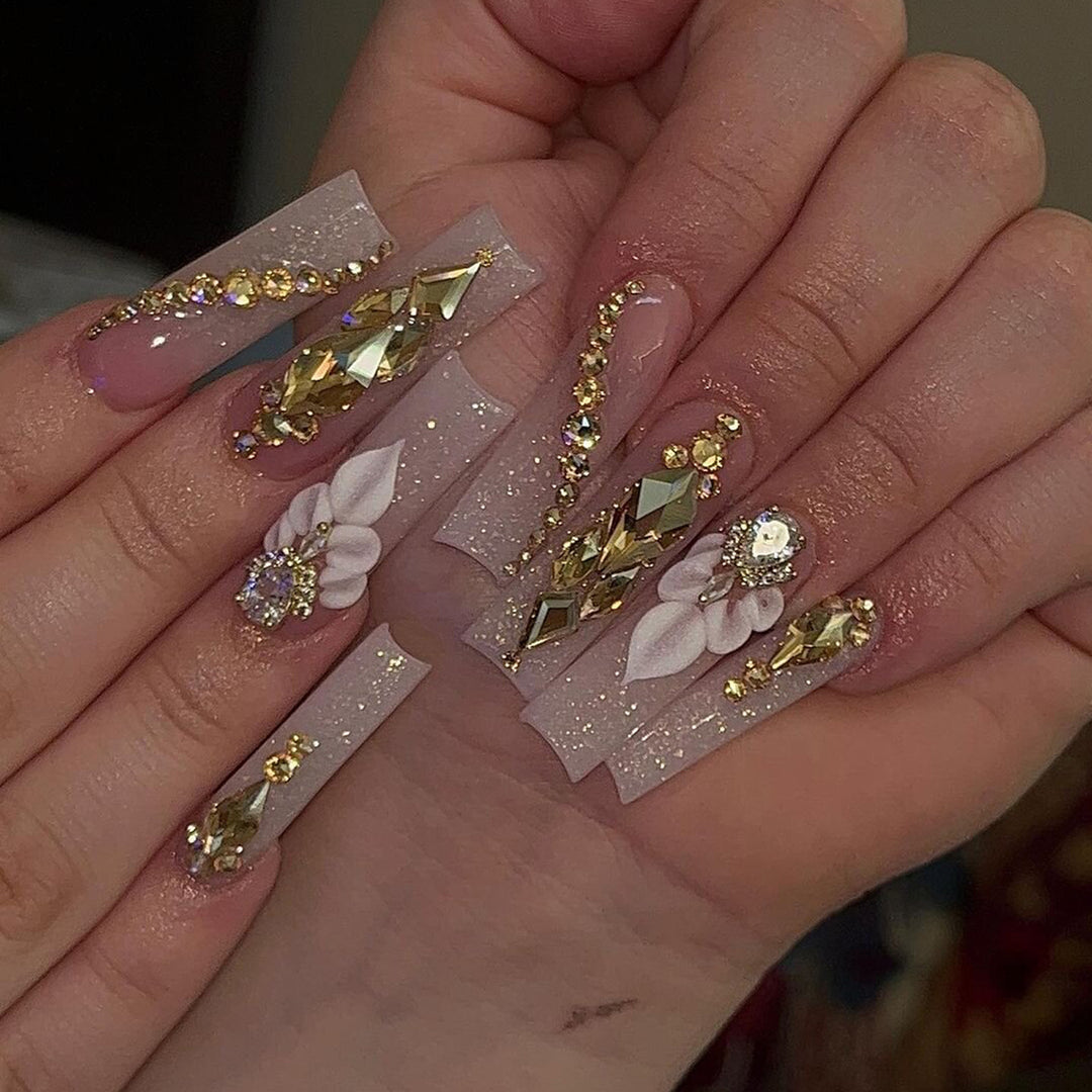 Premium Decorative Press-On Nail Set with Floral and Gem Accents Kalsten