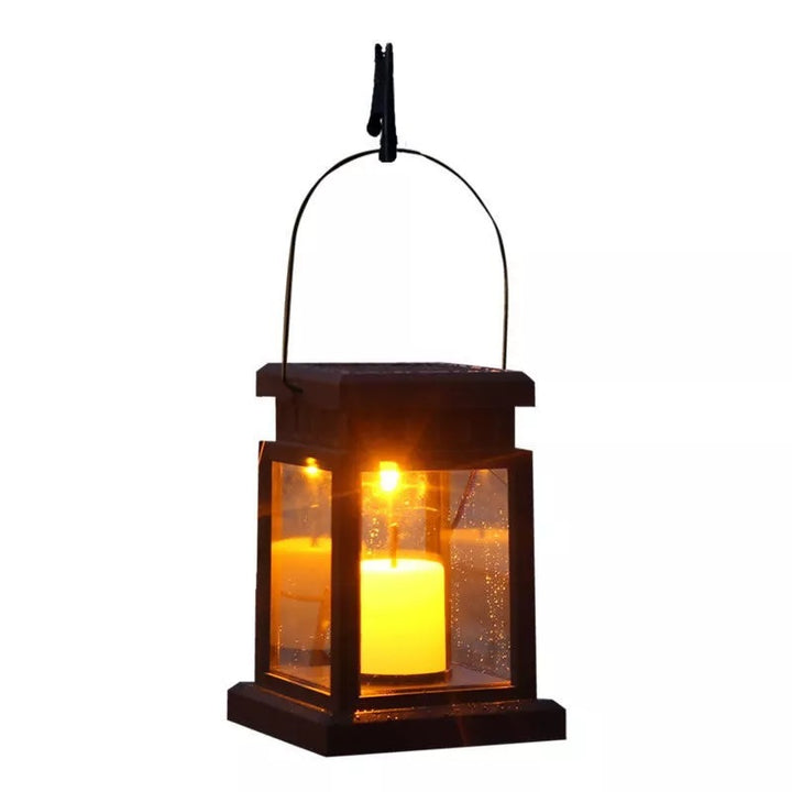Outdoor Hanging LED Faux-Candle Glass-Pane Solar Lantern Kalsten